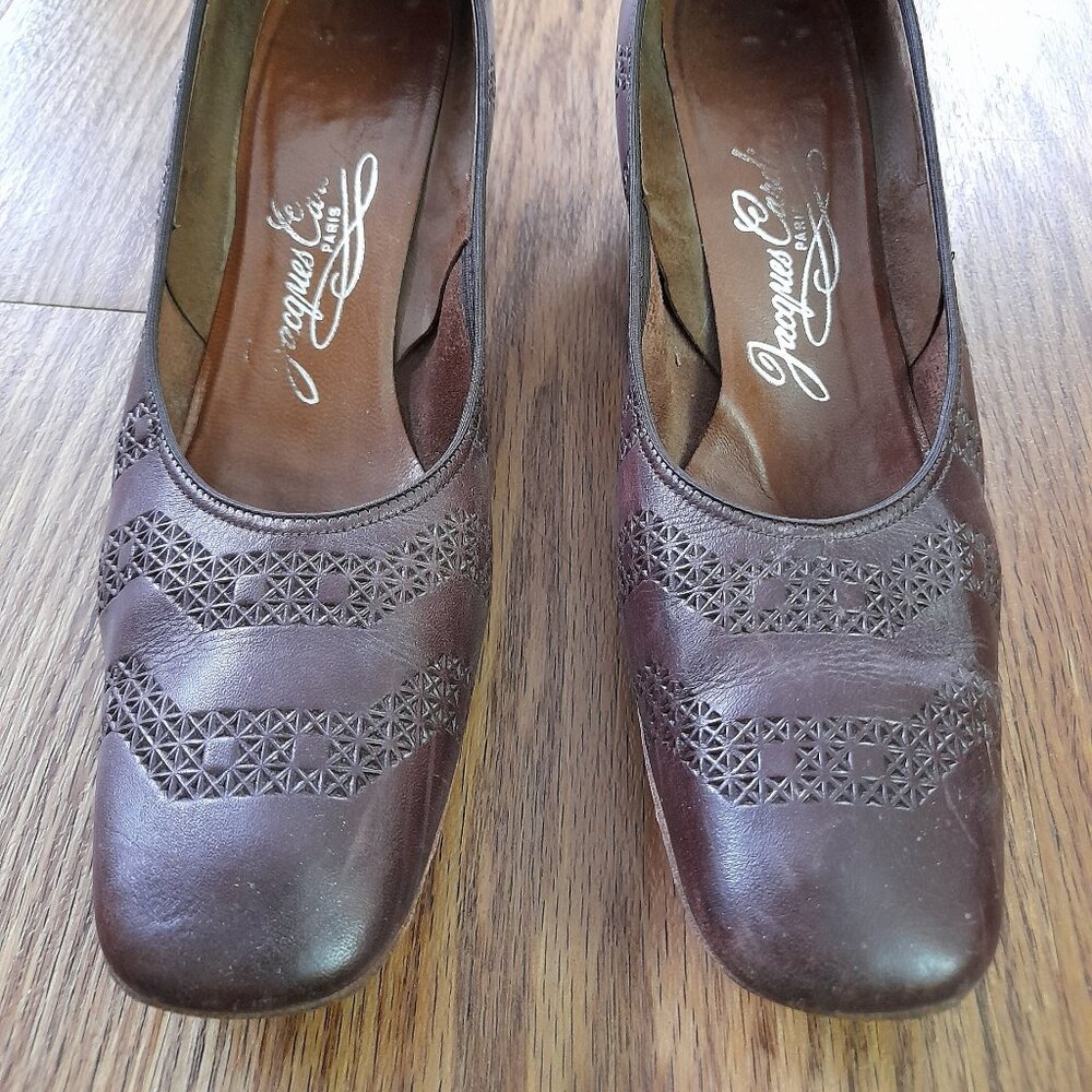 Vintage 60s Brown Shoes Size 8 / 9 Jacques Cardin Paris Pumps Narrow Square Toe - Picture 11 of 13